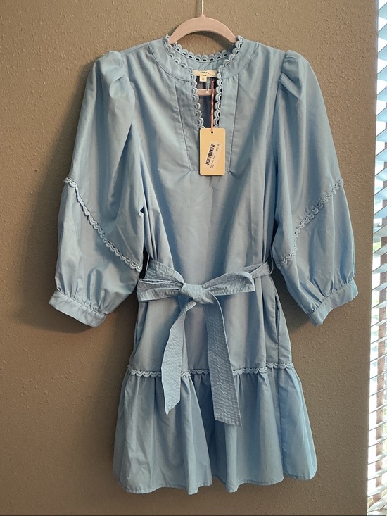 entro Dresses & Skirts - entro Light Blue Puff-Sleeve Cotton Dress with Waist Tie